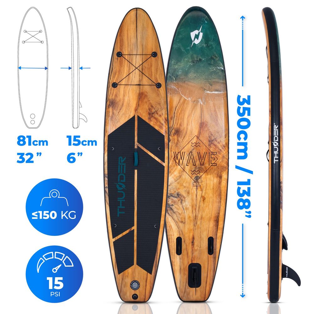 THUNDER Wood Stand Up Paddle Board 350x81x15 cm Braun Schwarz bis 150 kg