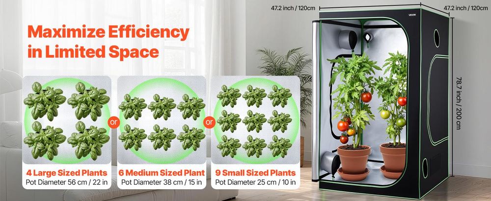 VEVOR Indoor-Grow-Zelt, 60 x 60 x 180 cm, 600D hochreflektierendes Mylar, Indoor-Pflanzenzelt mit Beobachtungsfenster, Bodenwanne & Reißverschluss, strapazierfähige Anbauzelte für Obst, Blumen und Gemüse, 120x120x200 cm
