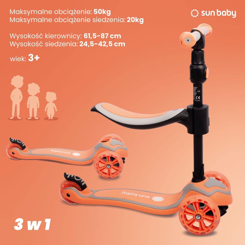 Patinete SUN BABY con información sobre peso y altura ajustable.