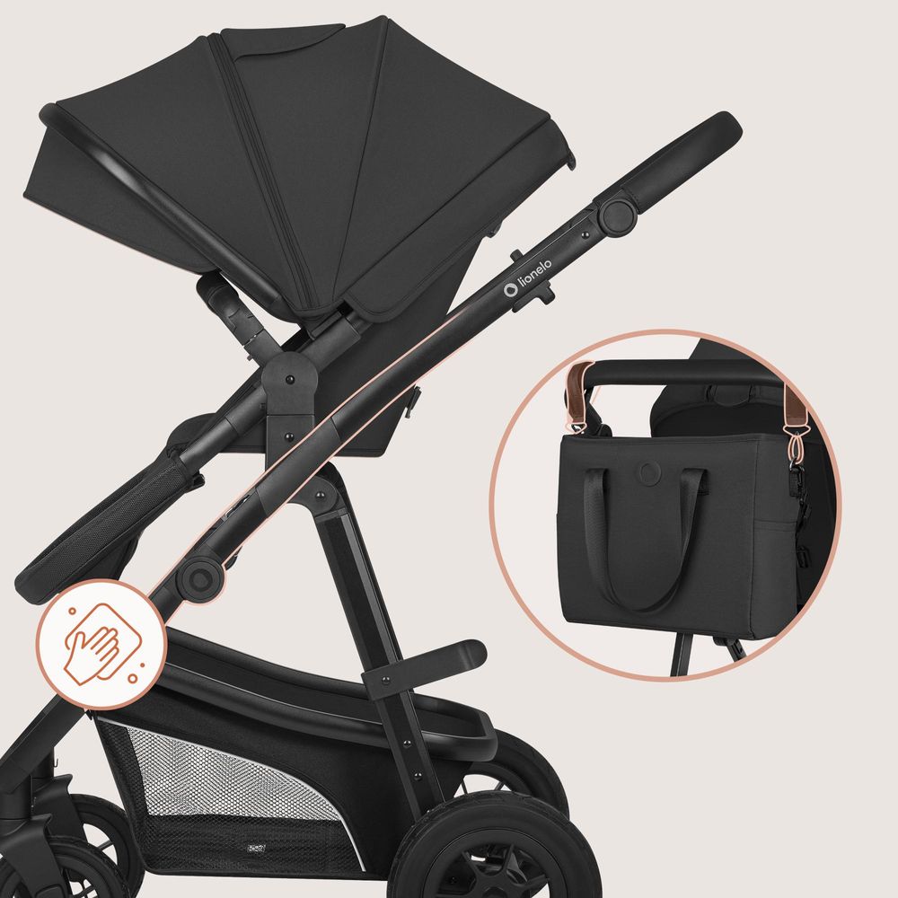 Lionelo Bianka 3in1 Kinderwagen, Autotransporter, Autositz, klappbar, Travel System Rückenlehne verstellbar 360o Räder Polsterung, Verdeck XXL-Schwarz