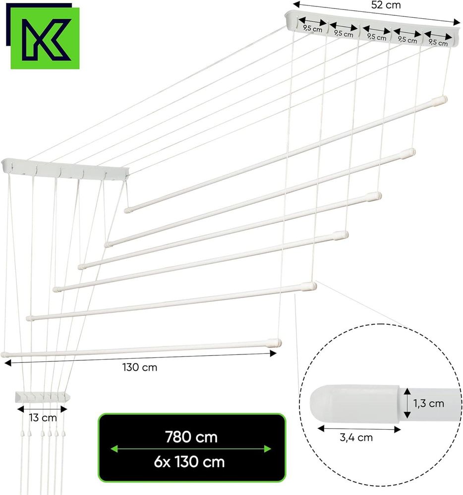 KADAX Deckenwäschetrockner "Torp", Deckentrockner Traglast 12kg, 6 Stäbe, 130 cm, weiß