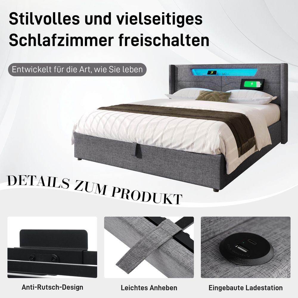 MODFU Hydraulisches bett Boxspringbett 140 x 200 mit Matratze Polsterbett mit LED und USB & Typ C Doppelbett mit lattenrost und Stauraum Grau