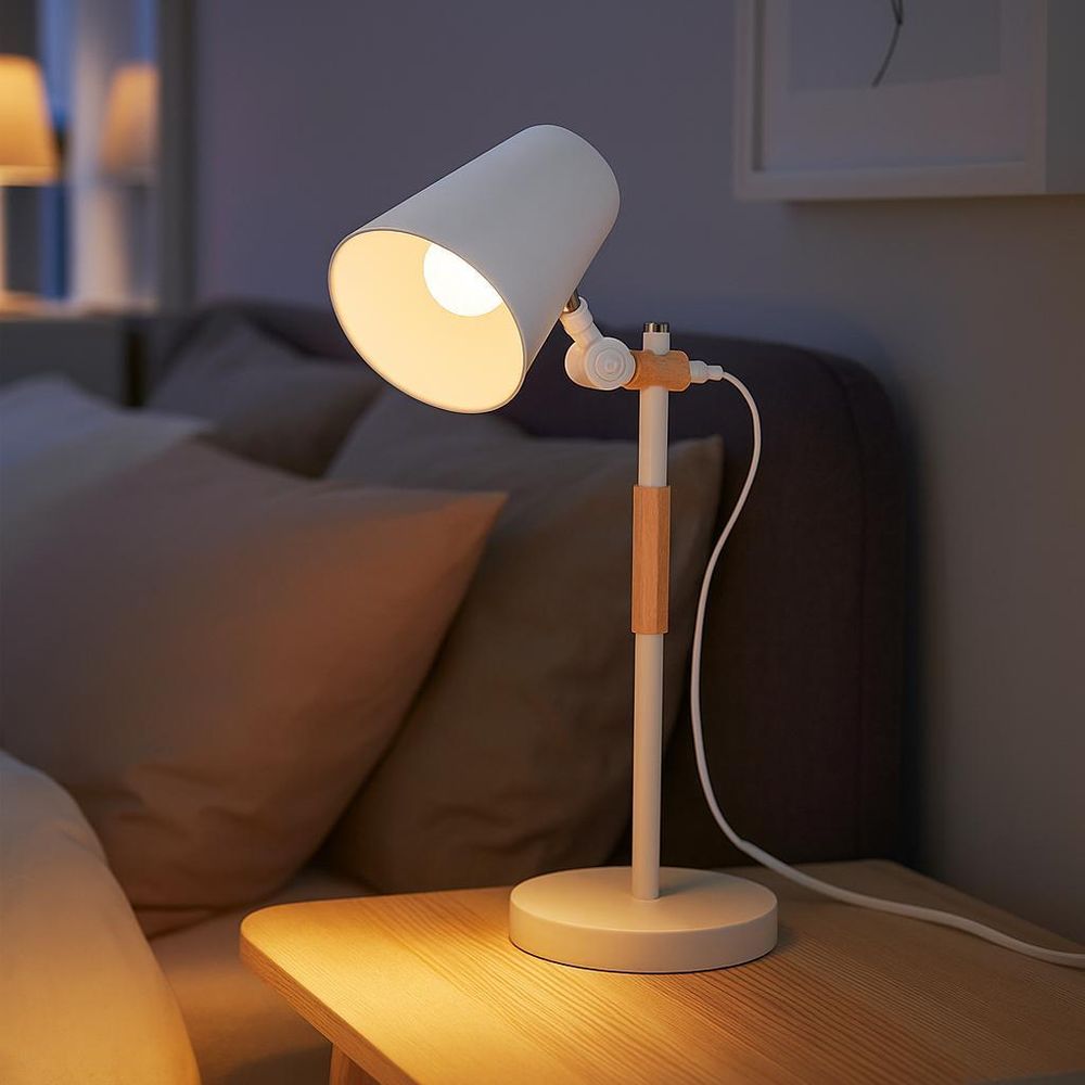 MasterLED Tischlampe – Höhe 55 cm – E27 – weiß mit holz – Skandinavisch – tischlampe holz modern – schreibtischlampe e27 – leselampe tisch – Kasio