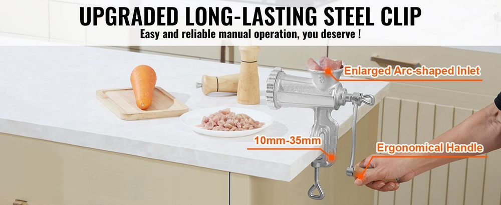 VEVOR Handfleischwolf, robuster Fleischwolf aus Gusseisen mit Stahl-Tischklemme, Fleischzerkleinerer Wurstmaschine mit 1 Schneideblatt, 2 Schneideplatten, 3 Wurstrohren für Rindfleisch, Pfeffer, Pilze