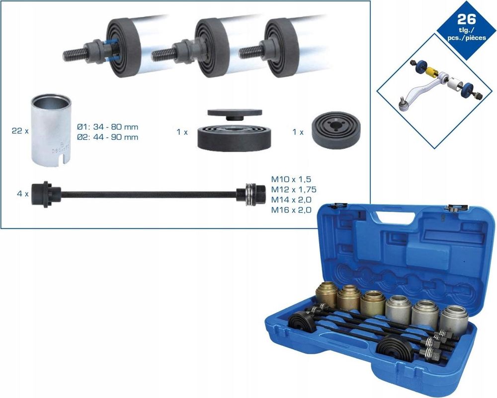 LUXTOM | Silentlager Abzieher Satz, 34-82mm, 26tlg, Demontage Druckhülsen Satz, Achslager Werkzeug, Radlager Gummibuchsen Abzieher Set
