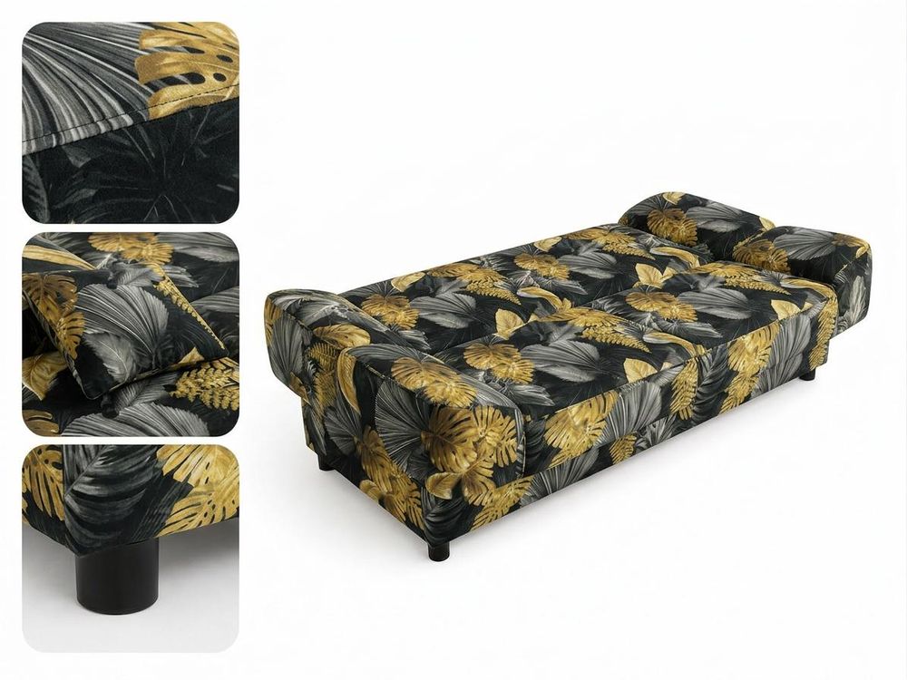 Schlafsofa SARA Poly – Monstera-Design, Webstoff in Schwarz, Family Meble