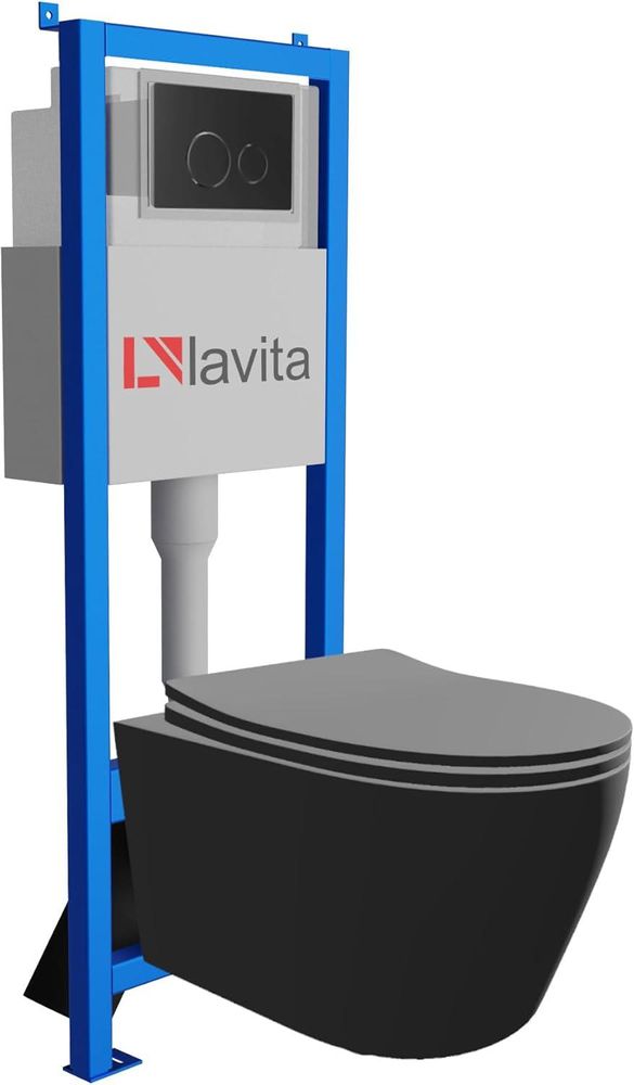 Lavita LAV 101 Vorwandelement für WC 40cm + Wand Hänge Tiefspül WC PRAIA Schwarz Spülrandlos + Bedienplatte LAV 200.4.4 Schwarz | Komplettset | Unterputz Spülkasten | Toilette Komplett Sett