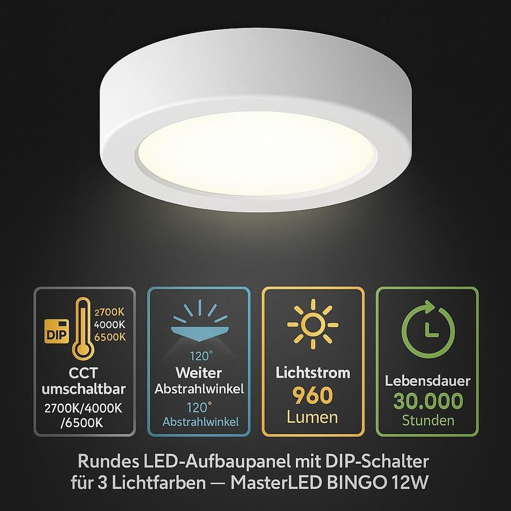 Rundes LED-Panel 12W, 960 Lumen, 3 Lichtfarben, 120° Winkel, 30.000 Std. Lebensdauer.