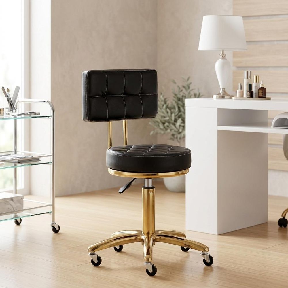 Tabouret d'esthétique avec dossier, tabouret de coiffure pivotant et réglable, chaise ronde noire