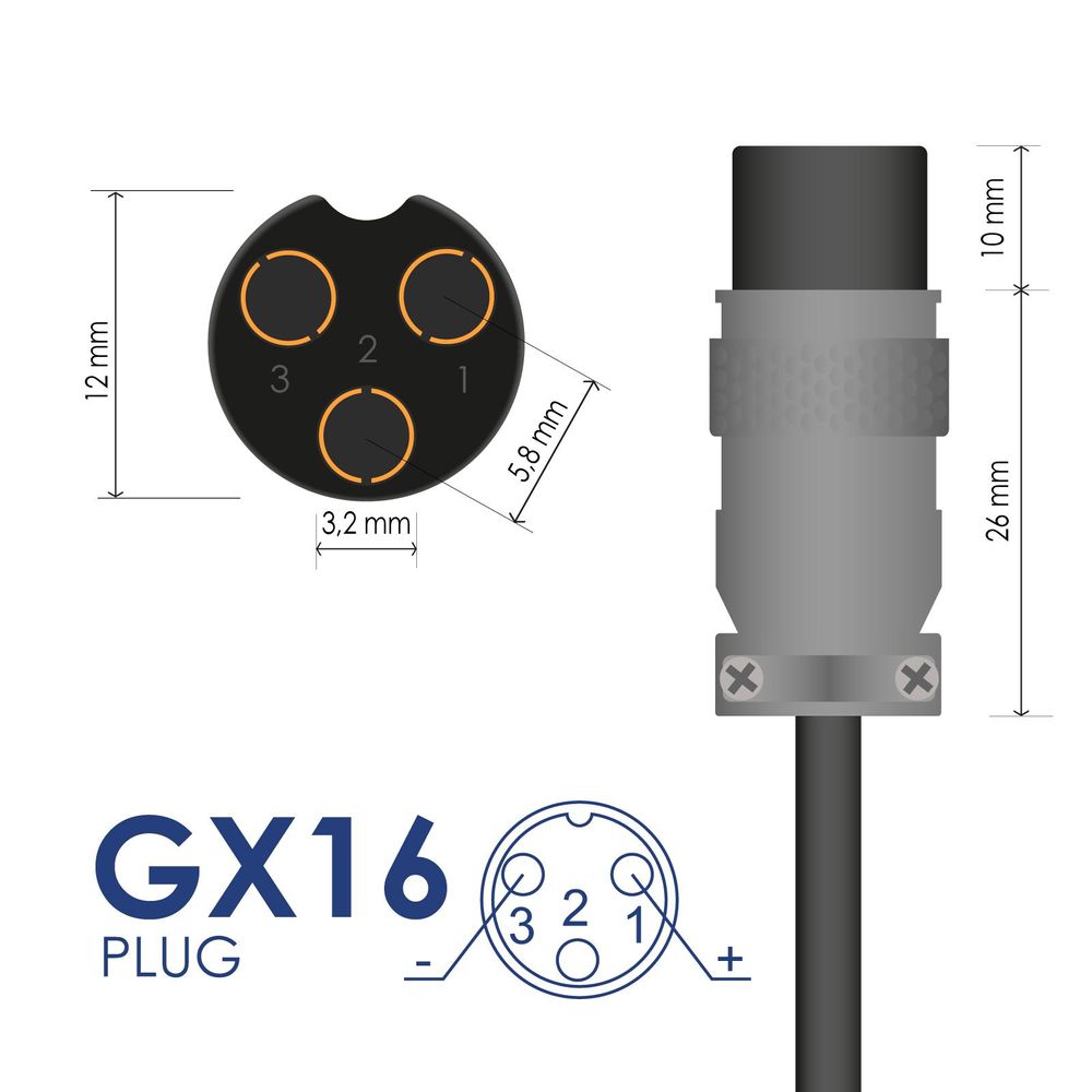 3-poliger GX16-Stecker mit Darstellung der Abmessungen und Polarität