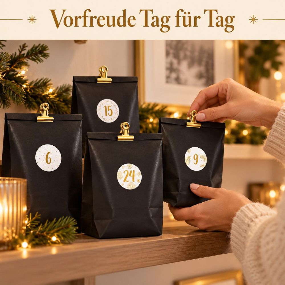 Erwachsene Person arrangiert schwarze Adventskalendertüten auf einer Ablage