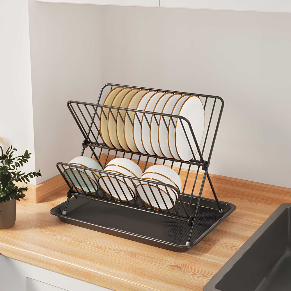 Abtropfgestell Geschirrstaender Abtropfständer mit Auffangschale Abtropfgitter Geschirrkorb Faltbarer 2 Ebenen Utensilienhalter 42,5x31,5x24 cm Retoo