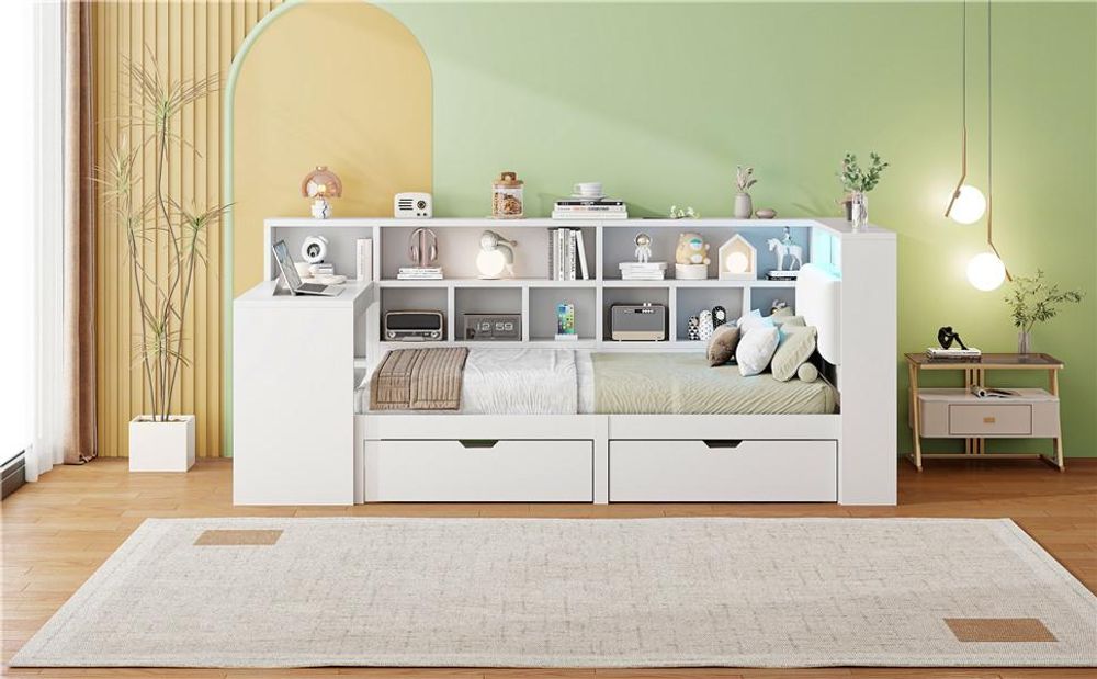 Merax Schlafsofa Tagesbett  90x200 cm mit Steckdosen, LED, 2 Schubladen, Schreibtisch, Bücherregal, Gepolstertes Kopfteil, Kinderbett, Holzbett, Weiß