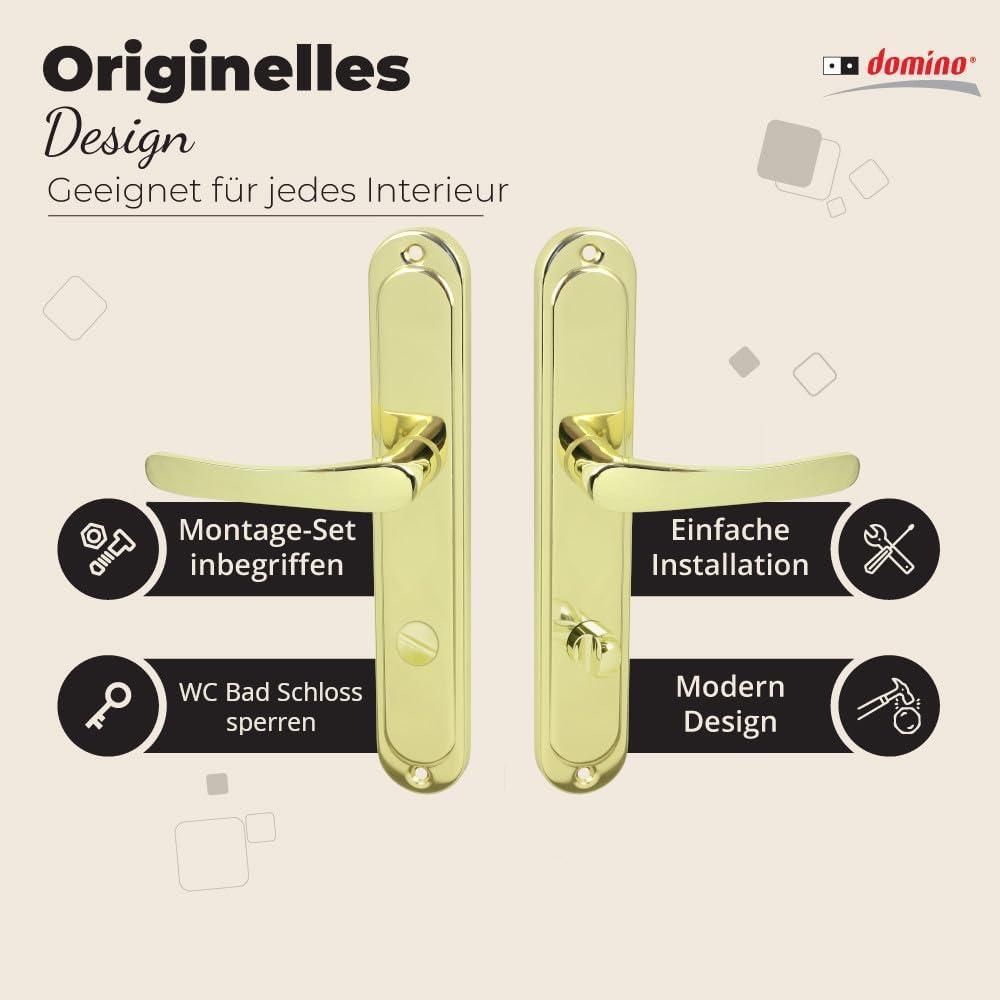 Domino Türdrücker-Garnitur ROMANA Langschild – Bad/WC Verriegelung – Messing Poliert – Klassische Badezimmer-Türklinke