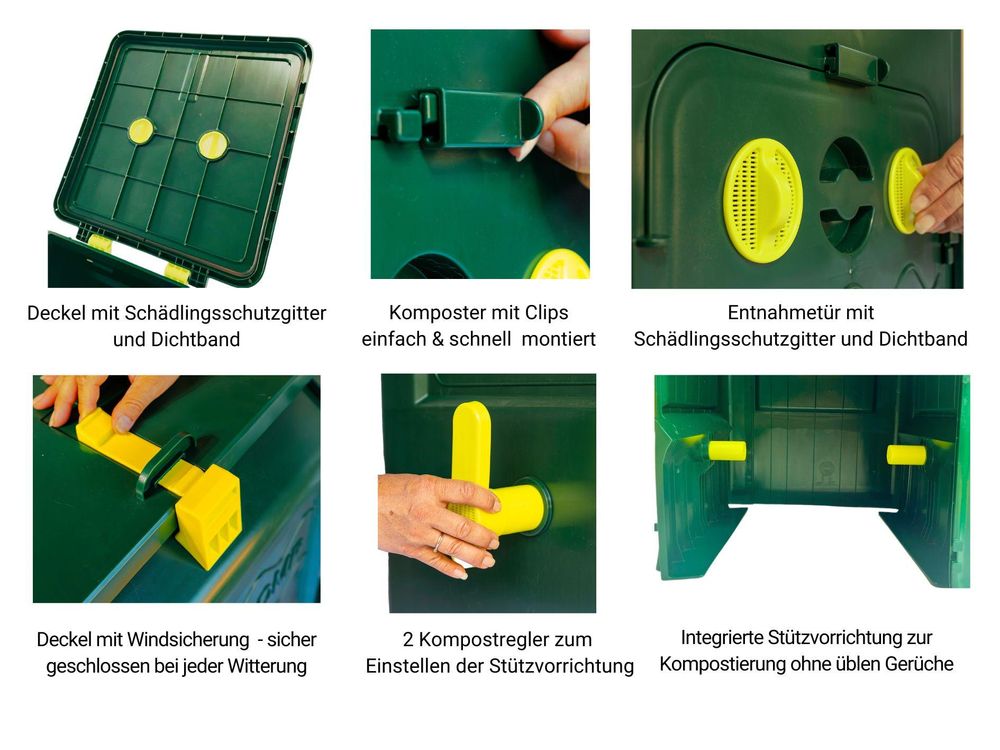 SUPERCOMP Garten Komposter Rattensicher mit rundum Schädlingsschutz, Dichtungen und Gitter, geruchsarm & ohne Umsetzen, mit Bodenplatte