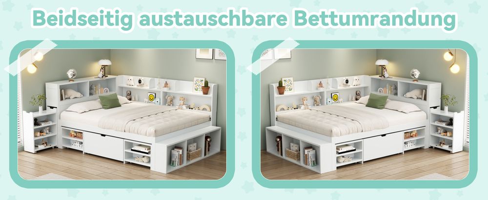 okwish Jugendbett 140x200 mit Schubladen und Bücherregal, Kinderbett mit Stauschrank und Lattenrost,Viel Stauraum,Weiß,ohne Matratze
