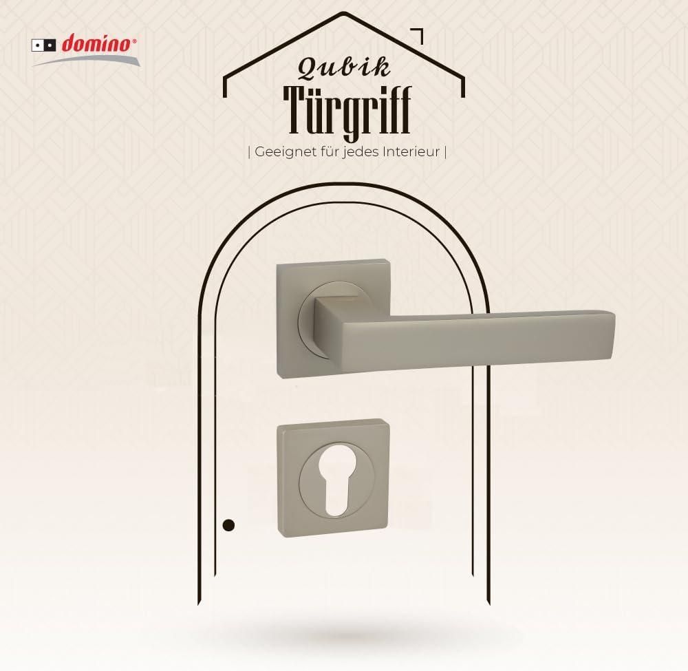 DOMINO Türgriff Drückergarnitur PZ - Profilzylinder Set | mit quadratischen PZ Rosetten| Türklinke für Zimmertür, Bürotür, Kellertür & Innentür| Türbeschläge aus Aluminium|  Satin Nickel Velvet Türdrückergarnitur| QUBIK-QR M91