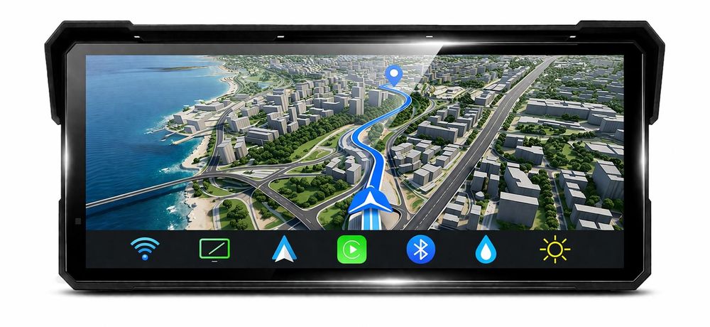 Motorcycle navigation system showing GPS route on mountain road during riding