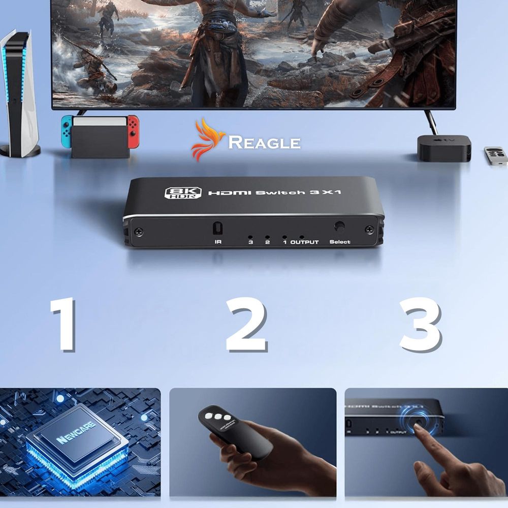 HDMI 2.1 SWITCH 3x1 SPLITTER 1x3 Splitter Schalter 4K/120Hz HDR HDCP REAGLE