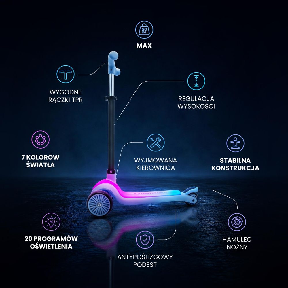Monopattino con luci LED colorate, manubrio regolabile e dettagli di sicurezza.