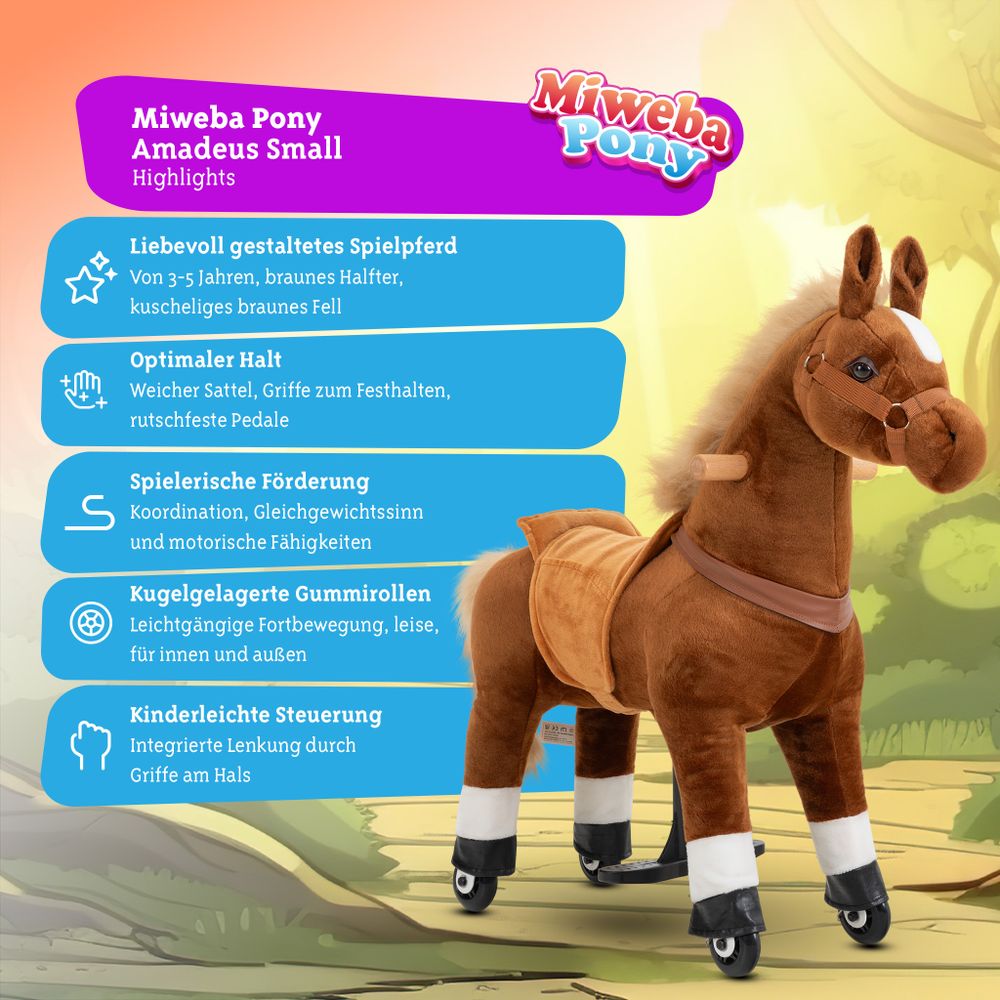 Miweba Pony Amadeus | Spiel Pferd für Kinder - Schaukelpferd - Stehpferd zum draufsitzen - Reitpferd - Indoor & Outdoor - Rücklaufbremse - 3-5 Jahre