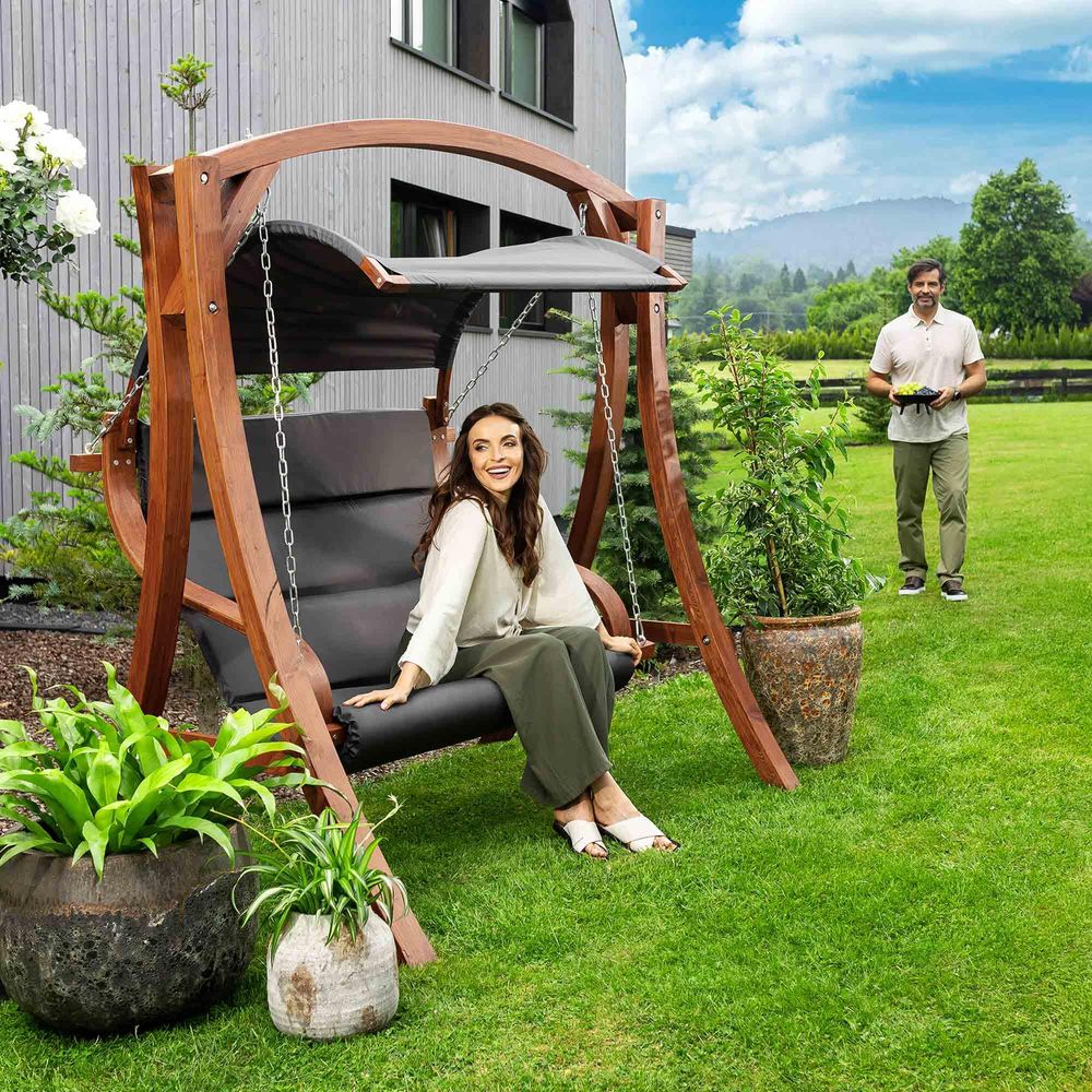 di volio Hollywoodschaukel Pergia grau, Gartenschaukel aus Holz, Outdoor Hängesessel mit Gestell für 2 Personen, mit Sonnendach, wetterfest & robust