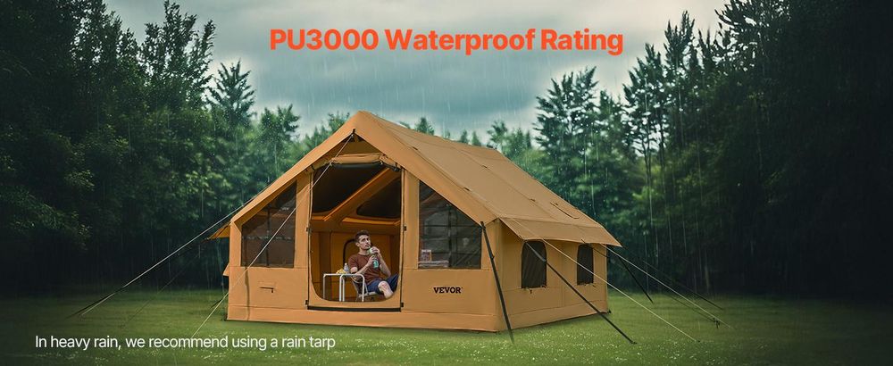 VEVOR Aufblasbares Campingzelt, 4 x 3 x 2,2 m, Luxus-Campingzelt mit 2 Oberlichtern, Baldachin, Herdanschluss, 2 Türen, Netzfenstern und Aufbewahrungstasche