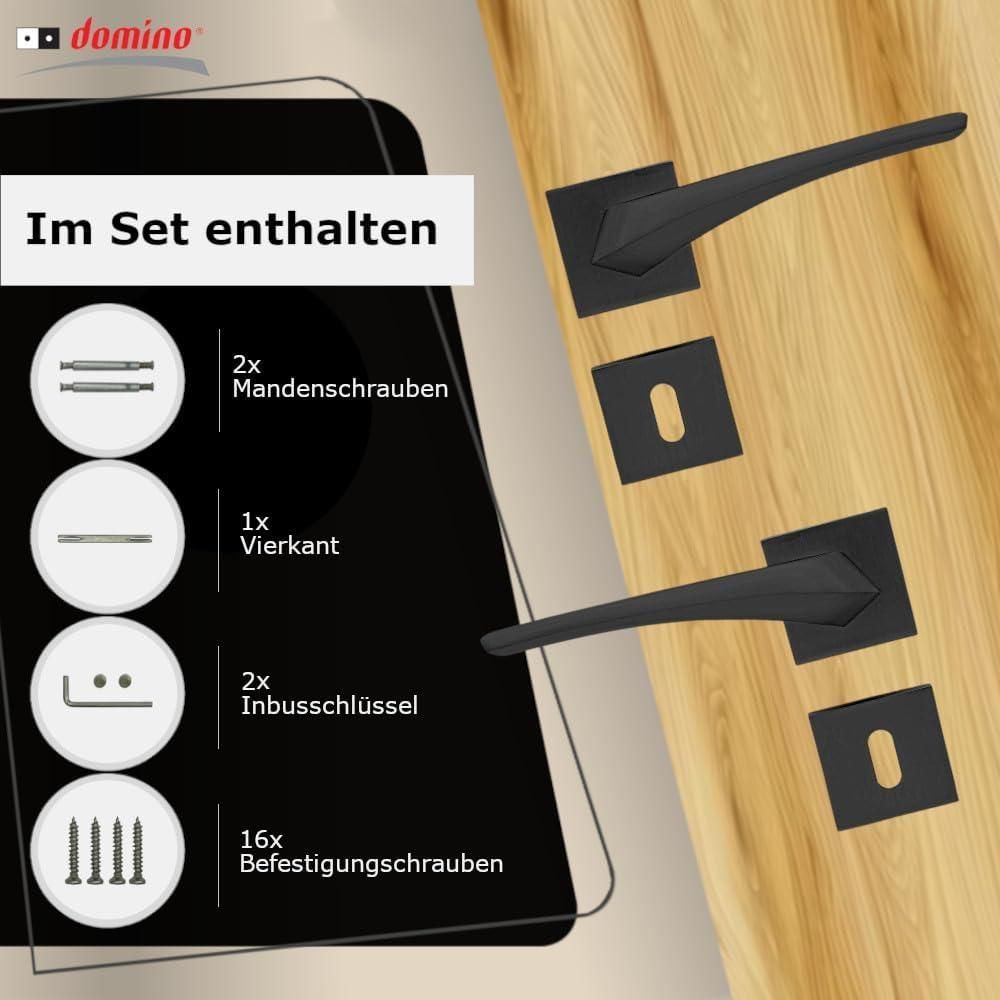 DOMINO Türgriff Drückergarnitur BB-Buntbart | Rosette | Türklinke für Zimmertür, Bürotür, Kellertür & Innentür | Aluminium | Schwarz | ADEL-QR BLACK |