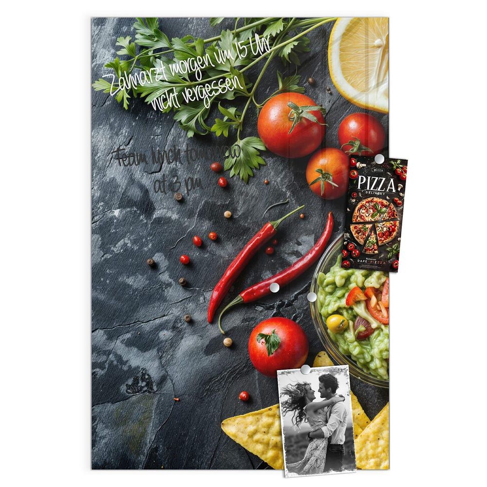 Glas-Magnettafel Guacamole mit Nachos, mit Boardmarker beschrieben
