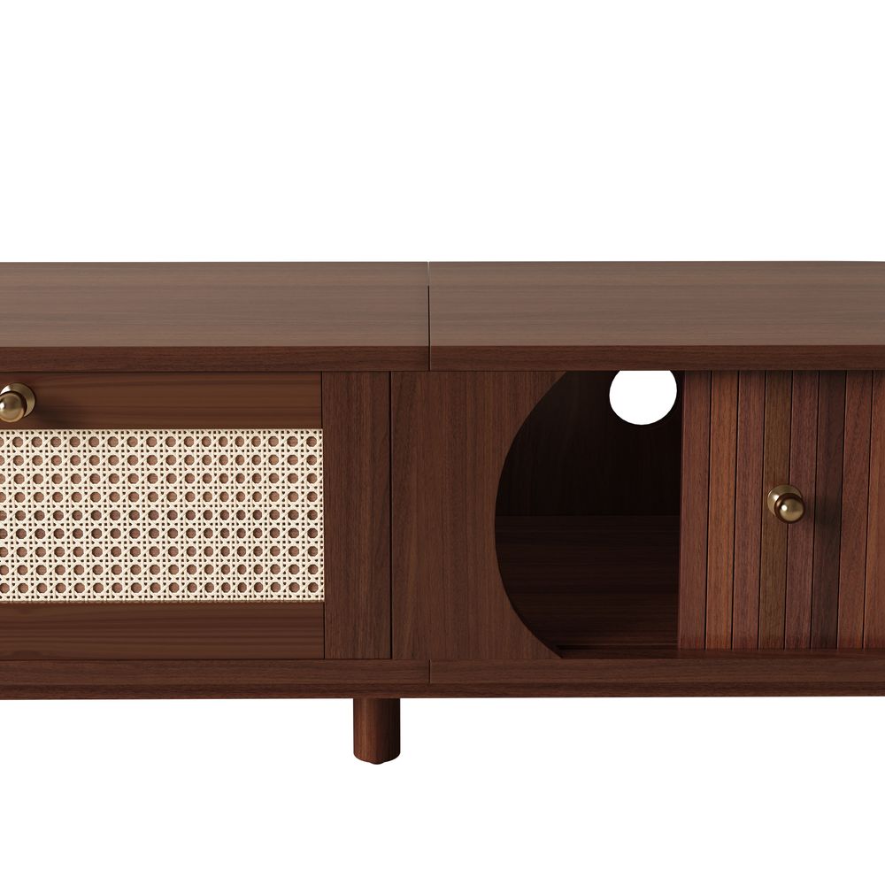 MODFU TV-Schrank aus Holz, TV-Sideboard mit Rattanschubladen, Lowboard mit Türen im Schiebetür-Design,Natur