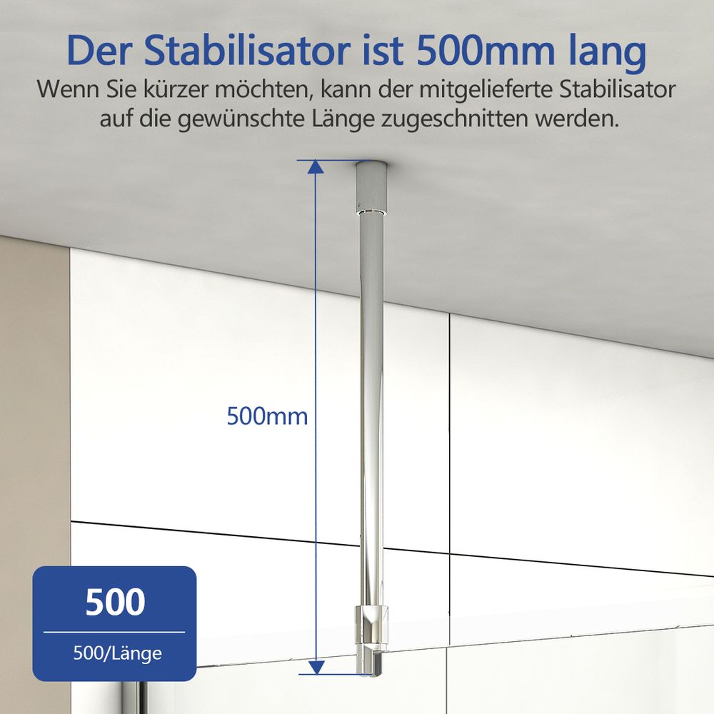Heilmetz Stabilisationsstange für Duschen, Haltestange für Glasstärke 6/8/10/mm - Decke, Decke Kreisförmige Stützstange Duschwand, 500mm Stabilisator (Chrome) - Edelstahl + Kupfer