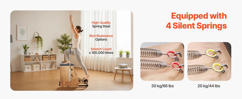 VEVOR Pilatesstuhl, Split-Pedal Stabilitätskombinationsstühle mit Griffen, Gummiholzrahmen Yoga Fitness Trainer, Übungsreformer, Pilates Widerstands-Workout-Ausrüstung, für das Home Gym Studio Workout