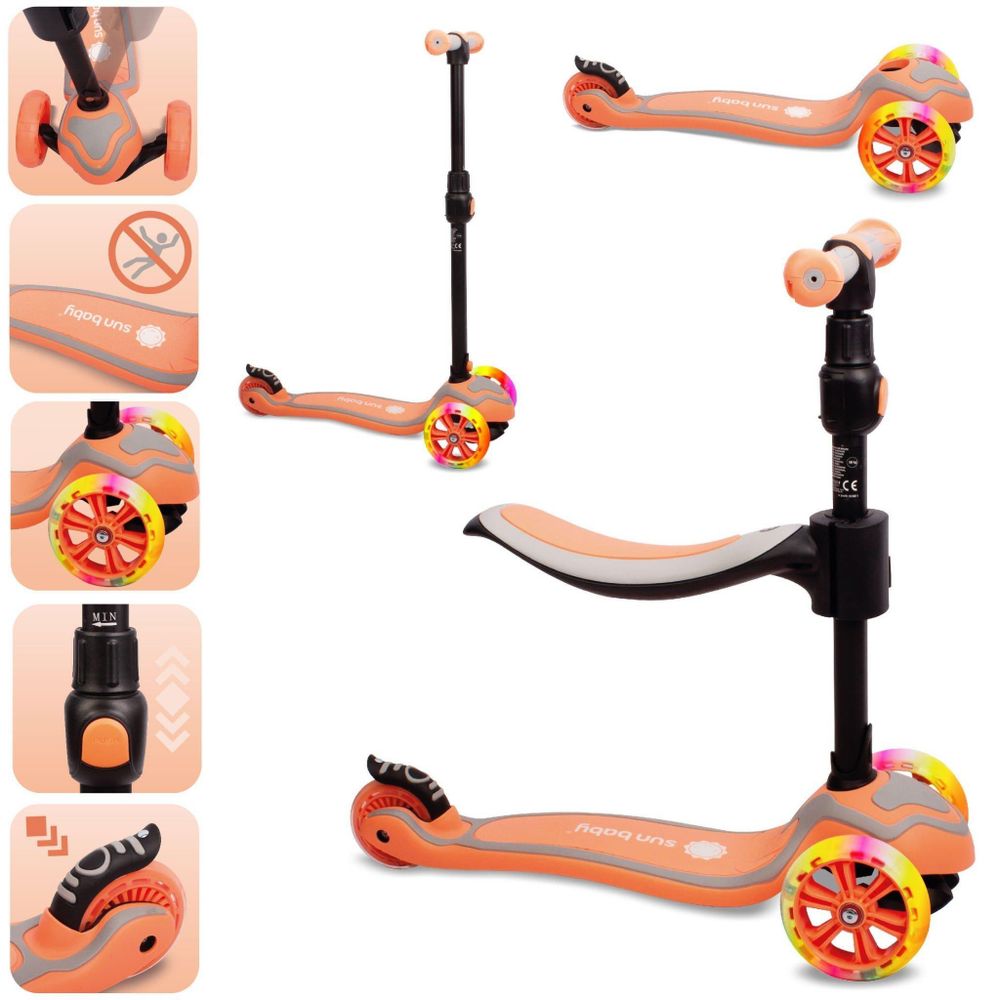 Collage de detalles del patinete SUN BABY: materiales, ajuste y superficie antideslizante.