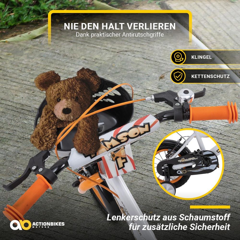 Actionbikes Kinderfahrrad Timson 12 Zoll | Kinder Fahrrad - Mädchen Rad - Jungen Bike - Kinderrad - V-Brake Bremsen - Korb - Stützräder - 2-5 Jahre