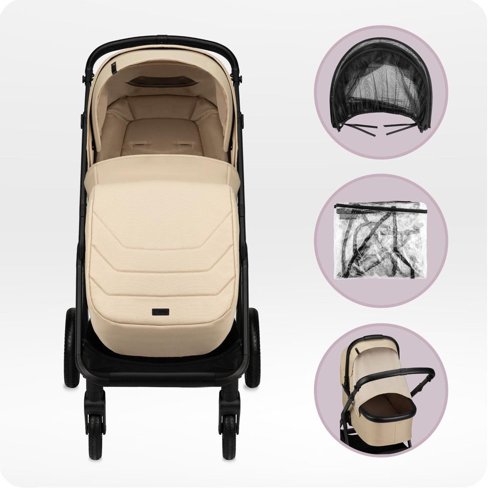 MoMi GISELLE – 2-in-1 Kombikinderwagen mit umkehrbarem Sitz, verstellbar, inkl. Zubehör, XL-Dach & Wickeltasche – Beige