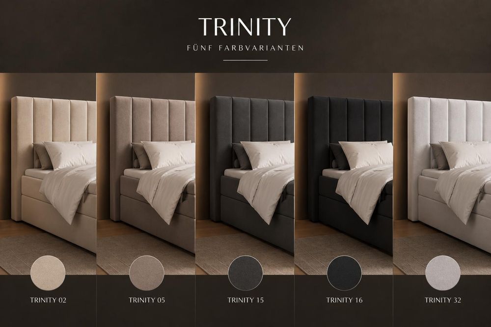Kontinentalbett aus Samt, Polsterbett, Boxspringbett, dekorativem Kopfteil Doppelbett mit Bonell-Matratze, Topper und Bettkasten (gepolstertes Kopfteil, Boxspring) Boxspringbett Bett 01 –160x200 - Trinity 2 - Beige