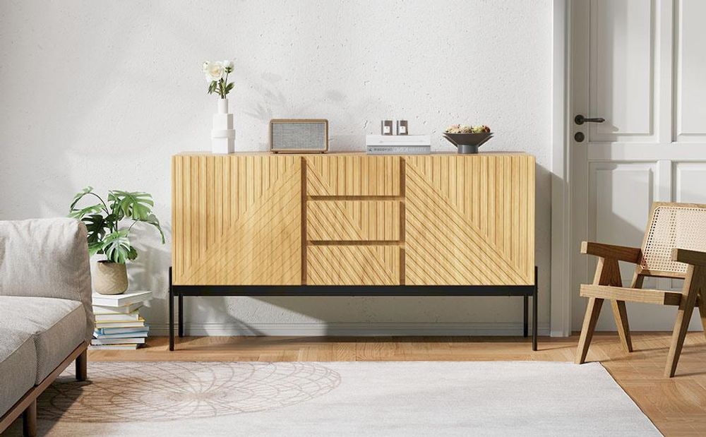 Merax Sideboard Kommode Holz, mit 3 Schubladen, 2 Türen, Zum Öffnen drücken, TV-Schrank, Buffet, 3D Linien, 140×40×75 cm, Natural+Schwarz