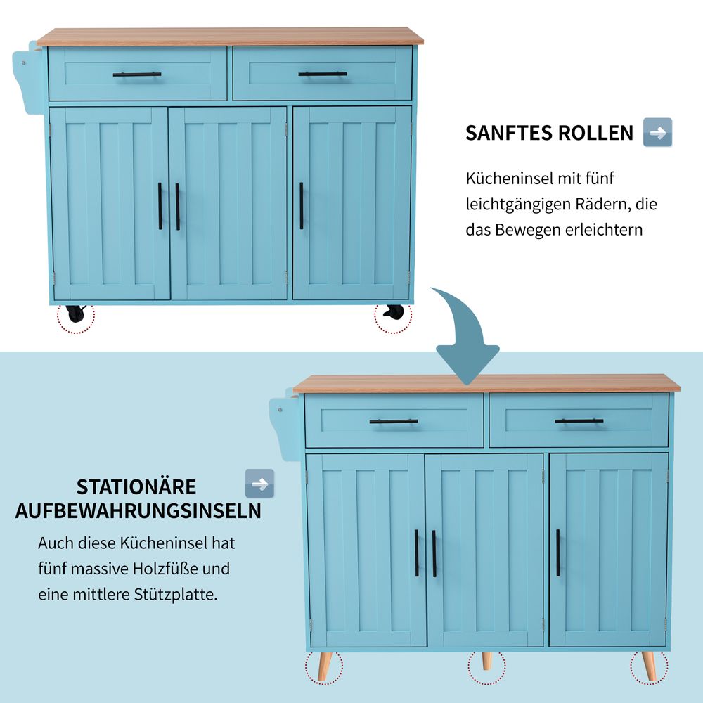 Flieks Servierwagen Kücheninsel mit 2 Schubladen, Küchentrolley Speisewagen mit Klappbar Arbeitsplatte, Küchenwagen mit Regal, 129x46-71x91.5cm, Blau
