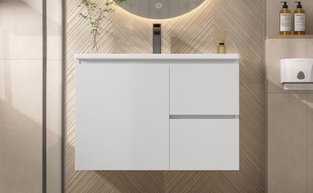 Merax Waschtischunterschrank mit LED-Radarsensor, 2 Schubladen, Tür mit Ablage, Wandhängend Badezimmerschrank, Keramik Waschbecken, 76x46x50cm, Weiß