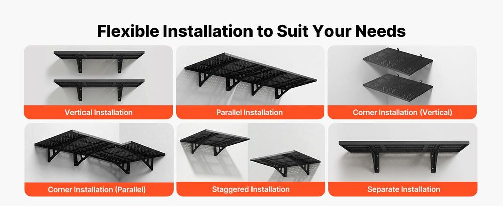 VEVOR 2-stufige Schwerlast-Wandregale für die Garage, 50 x 122 cm Stahl Wandmontierte Regaleinheit, 500 x 1219 mm pro Regal Schwimmendes Lagerregal aus Metall für die Garage mit 254 kg Gesamttragfähigkeit, Schwarz, 24 x 36 in