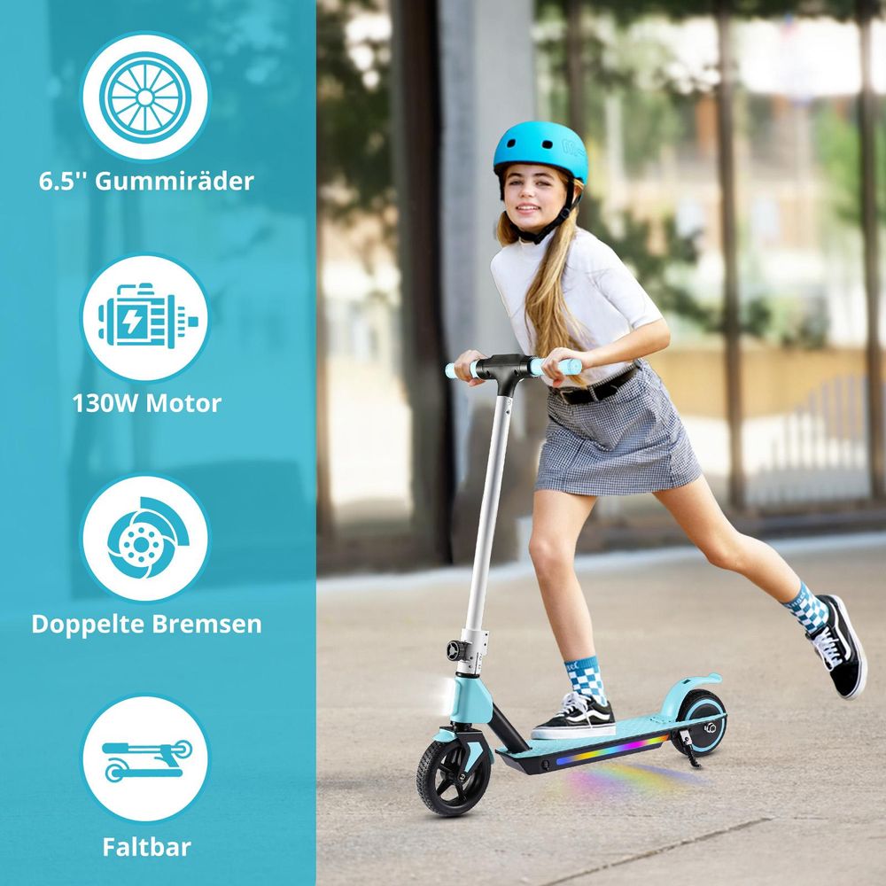 Elektroscooter S2 Blau Elektro Roller Für Kinder mit LED-Lichtern, Klappbar Elektroroller Für Kinder 6-12 Jahren, 130W, E Roller Kinder Geschenk