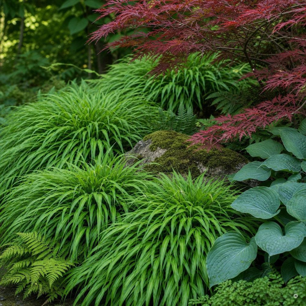 Hakonechloa mit japanischem Ahorn, Hosta und Farn im Japangarten