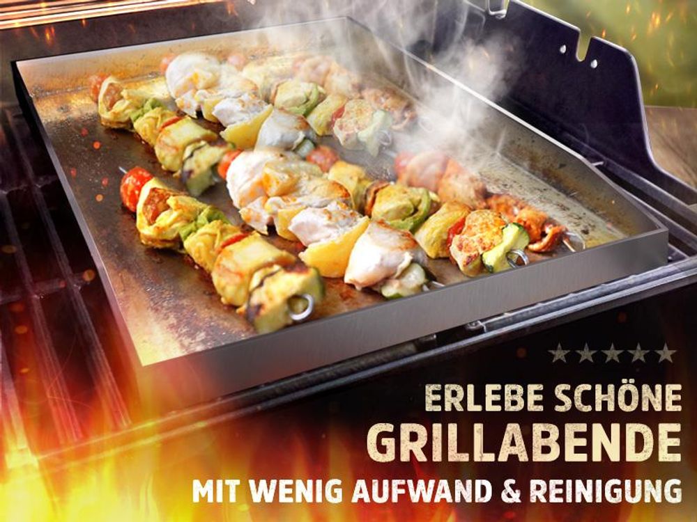Flammtal [Das Original] – Grillplatte aus 4mm rostfreiem Edelstahl [40x30cm] – Plancha Grillplatte mit Grillspachtel Set & Burgerpapier (geschlossen)