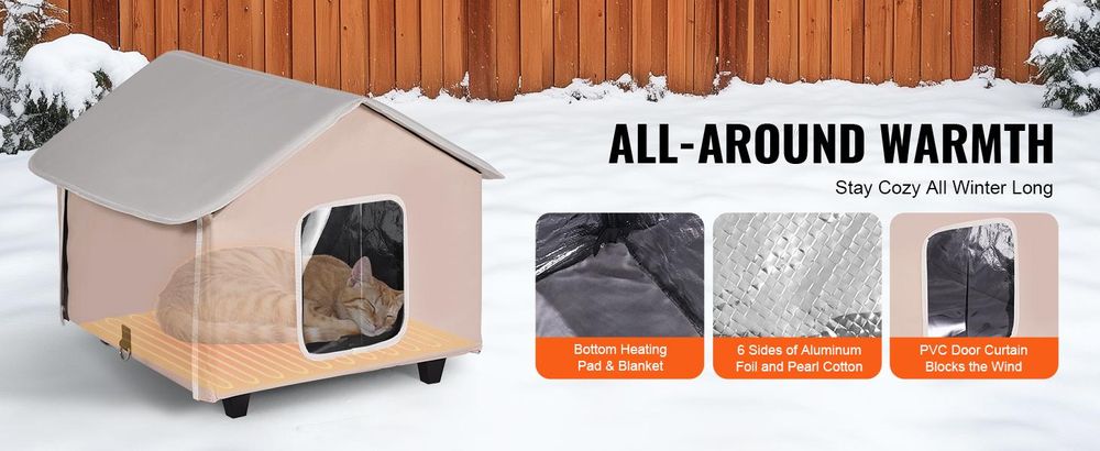 VEVOR Beheiztes Katzenhaus, Außenshelter für Katzen mit einstellbarer Temperatur und Timer, faltbares Katzenhaus aus 600D Oxford-Stoff mit beheiztem Pad für den Winter, um warm und gemütlich zu bleiben, Grün (Mittel), Braun-52x48x47 cm