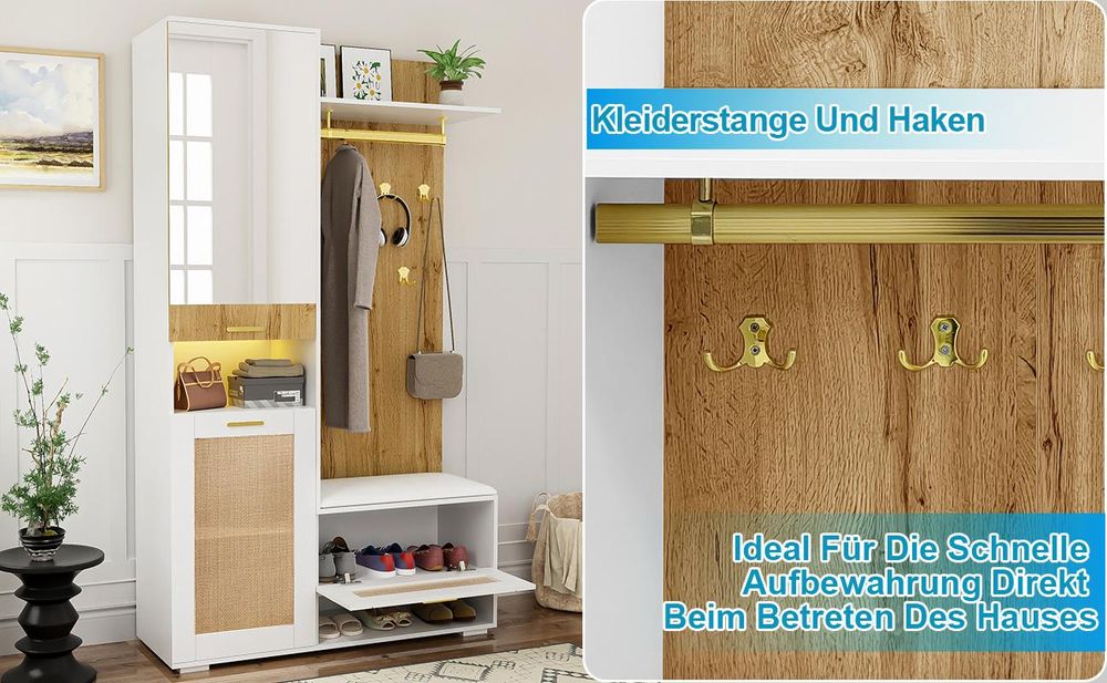 okwish Garderobenset, Kleiderschrank-Set mit Spiegel, 110 x 38 x 190 cm Weiß und Holzoptik, Goldener Kleiderhaken, Schuhschrank, Wandgarderobe, oberem Stauraumfach, LED-Licht
