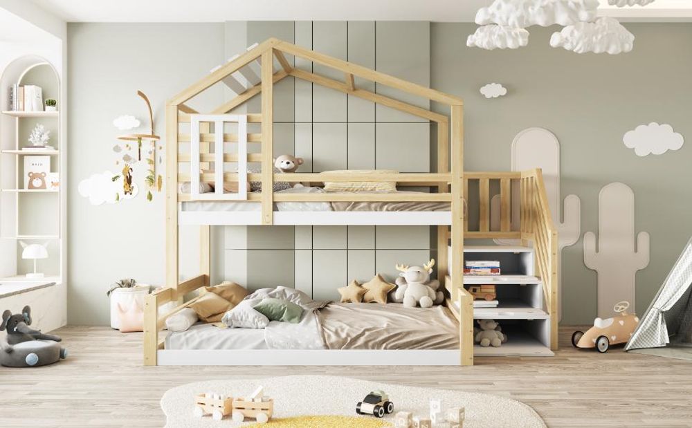 Merax Etagenbett 90x200 oben, 140x200 unten, Stockbett mit Fenster, Lagerleiter, Geländer, Kiefernholz Kinderbett, Jugendbett, Hochbett, Natur+Weiß