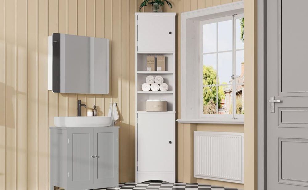 Merax Badezimmerschrank, Dreieckig Hochschrank mit Türen, Offenen Fächern, Verstellbar Regal, Kleiner Badezimmermöbel, 37x25x170 cm, Weiß