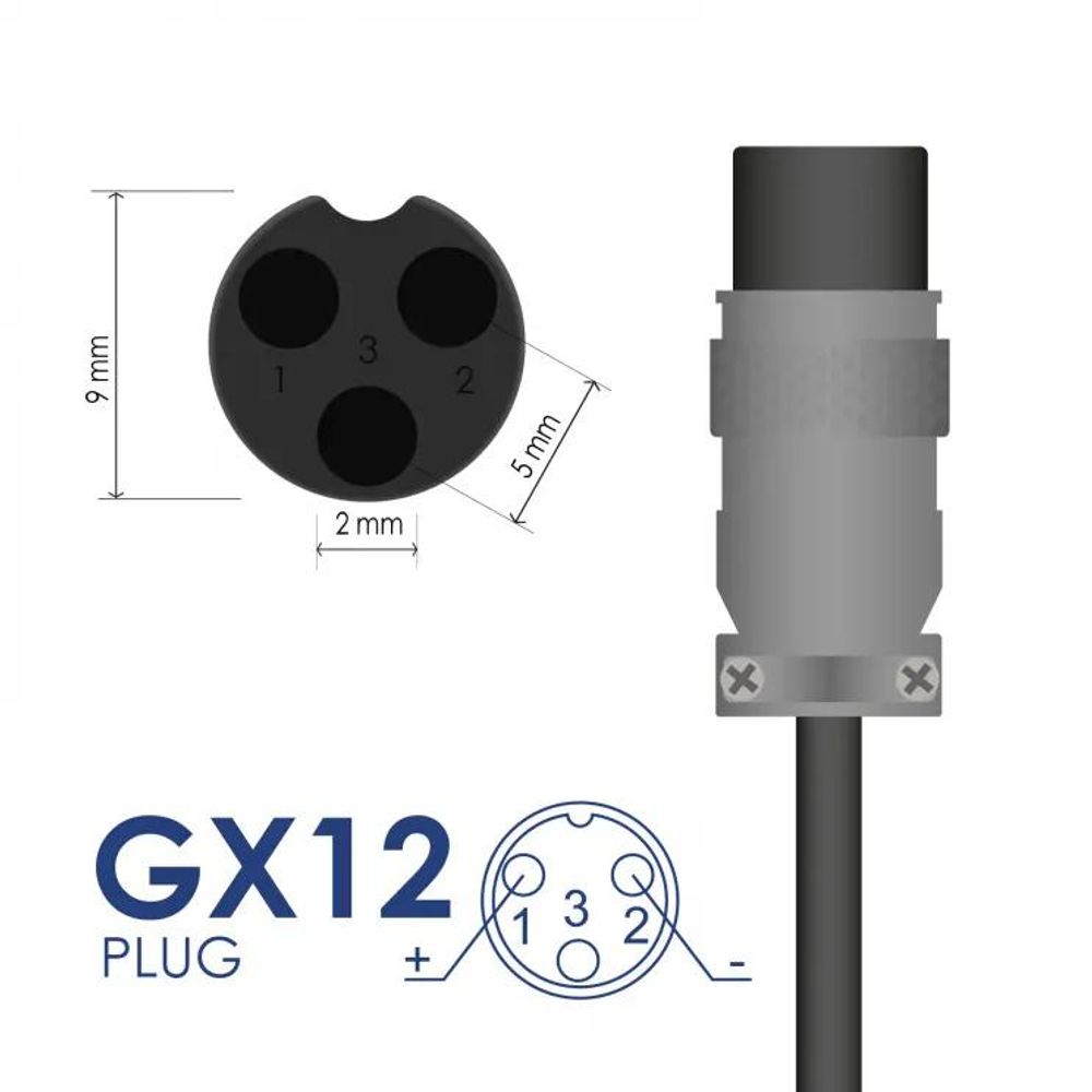 3-pólový konektor GX12 s vyznačenými rozmermi a polaritou