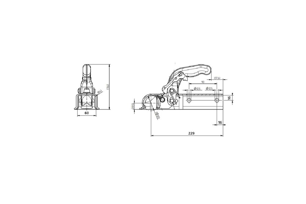 Guľové závesné zariadenie KNOTT KQ14-B pre príves s hmotnosťou 1400 kg a štvorcovým ojom s rozmerom 60 mm