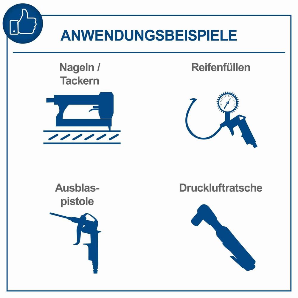 Das Bild zeigt die verschiedenen Anwendungsbeispiele wie Reifenfüllen, Farbspritzpistole, etc.